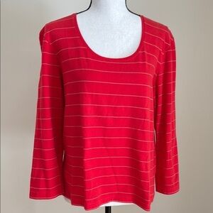 Barry Bricken Red Tan Striped Women's Top Knit XL Scoop Neck 3/4 Sleeve